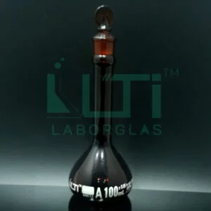 2650-AMBER GLASS WIDE MOUTH HEAVY DUTY VOLUMETRIC FLASK WITH SOLID GLASS STOPPER, CLASS A, SERIALIZED WITH INDIVIDUAL CERTIFICATE ASTM E-288