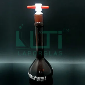 2660-AMBER GLASS WIDE MOUTH HEAVY DUTY VOLUMETRIC FLASK WITH PTFE STOPPER, CLASS A, SERIALIZED WITH INDIVIDUAL CERTIFICATE ASTM E-288