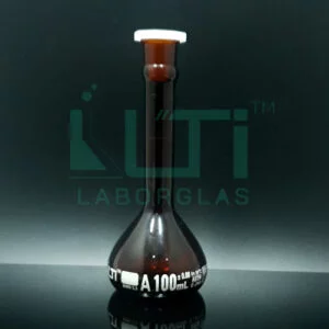 2670-AMBER GLASS WIDE MOUTH HEAVY DUTY VOLUMETRIC FLASK WITH PE STOPPER, CLASS A, SERIALIZED WITH INDIVIDUAL CERTIFICATE ASTM E-288