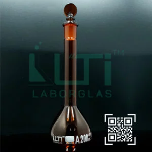 2705-AMBER GLASS, QR. CODED VOLUMETRIC FLASK WITH SOLID GLASS STOPPER, CLASS A, SERIALIZED WITH INDIVIDUAL WORK CERTIFICATE ASTM E-288