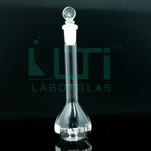 2920-CLEAR GLASS WIDE MOUTH VOLUMETRIC FLASK WITH SOLID GLASS STOPPER, CLASS A, SERIALIZED WITH INDIVIDUAL CERTIFICATE ASTM E-288