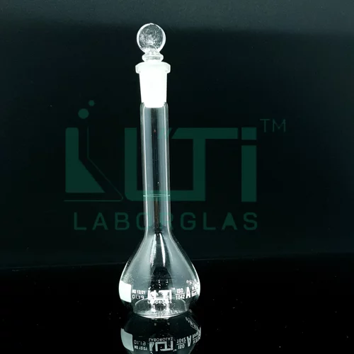 2943-CLEAR GLASS, NARROW MOUTH VOLUMETRIC FLASK WITH SOLID GLASS STOPPER, CLASS A, SERIALIZED WITH INDIVIDUAL CERTIFICATE, ASTM E-288