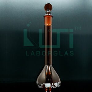 2950-AMBER GLASS WIDE MOUTH VOLUMETRIC FLASK WITH SOLID GLASS STOPPER, CLASS A, SERIALIZED WITH INDIVIDUAL CERTIFICATE (USP)