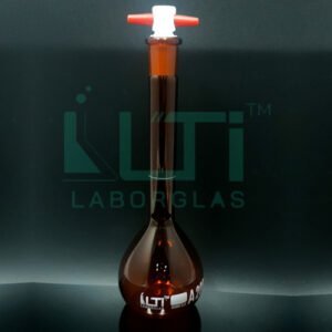 3002-AMBER GLASS, NARROW MOUTH VOLUMETRIC FLASK WITH PTFE STOPPER, CLASS A WITH INDIVIDUAL CERTIFICATE (USP)