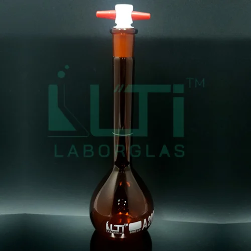 3002-AMBER GLASS, NARROW MOUTH VOLUMETRIC FLASK WITH PTFE STOPPER, CLASS A WITH INDIVIDUAL CERTIFICATE (USP)