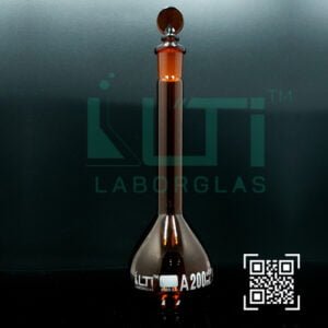 3009-AMBER GLASS, QR. CODED VOLUMETRIC FLASK WITH SOLID GLASS STOPPER, CLASS A, USP STANDARD WITH INDIVIDUAL CERTIFICATE