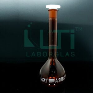 3030-AMBER GLASS VOLUMETRIC FLASK WITH PE STOPPER, CLASS A, USP STANDARD WITH INDIVIDUAL CERTIFICATE