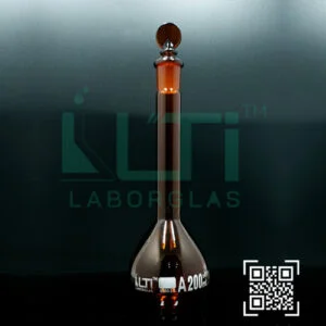 3125-AMBER GLASS, QR. CODED VOLUMETRIC FLASKS, CLASS A WITH SOLID GLASS STOPPER, DIN/ISO