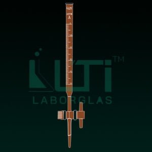 4280-ASTM, AMBER GLASS, CLASS A BURETTE, UNSERIALISED with batch CERTIFIED, STRAIGHT BORE PTFE STOPCOCK