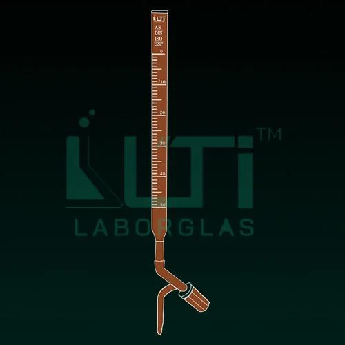 4360-AMBER GLASS BURETTE WITH PTFE NEEDLE VALVE STOPCOCK, CLASS AS WITH BATCH CERTIFICATE, DIN/ISO, USP