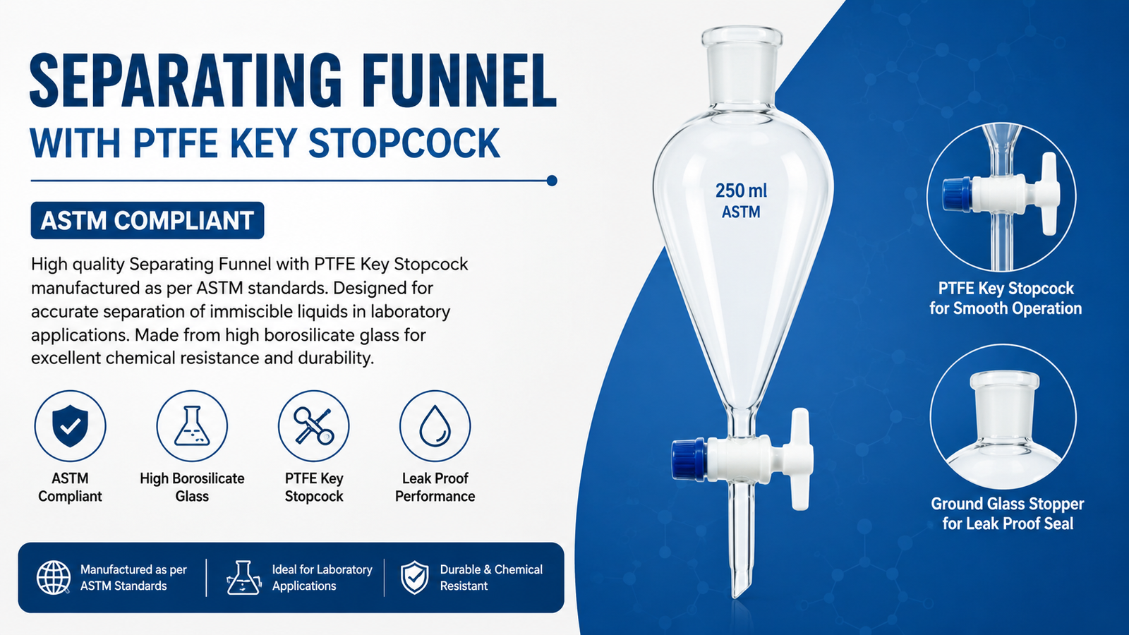 Separating Funnel with PTFE Key Stopcock ASTM