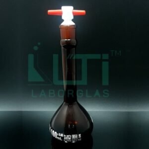 2660-AMBER GLASS WIDE MOUTH HEAVY DUTY VOLUMETRIC FLASK WITH PTFE STOPPER, CLASS A, SERIALIZED WITH INDIVIDUAL CERTIFICATE ASTM E-288