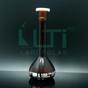 2670-AMBER GLASS WIDE MOUTH HEAVY DUTY VOLUMETRIC FLASK WITH PE STOPPER, CLASS A, SERIALIZED WITH INDIVIDUAL CERTIFICATE ASTM E-288