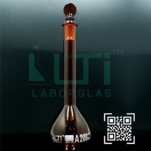 2705-AMBER GLASS, QR. CODED VOLUMETRIC FLASK WITH SOLID GLASS STOPPER, CLASS A, SERIALIZED WITH INDIVIDUAL WORK CERTIFICATE ASTM E-288