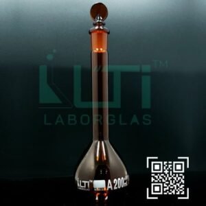 2765-AMBER GLASS, QR. CODED VOLUMETRIC FLASK WITH SOLID GLASS STOPPER, CLASS A, UNSERIALIZED WITH BATCH CERTIFICATE ASTM E-288