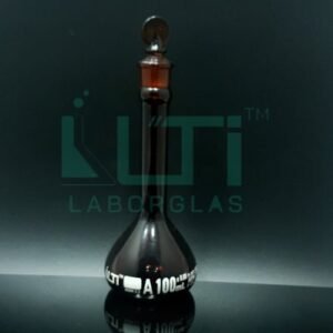 2830-AMBER GLASS WIDE MOUTH VOLUMETRIC FLASK WITH SOLID GLASS STOPPER, CLASS A, SERIALIZED WITH INDIVIDUAL CERTIFICATE ASTM E-288