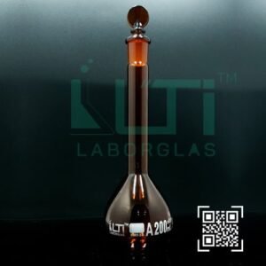3009-AMBER GLASS, QR. CODED VOLUMETRIC FLASK WITH SOLID GLASS STOPPER, CLASS A, USP STANDARD WITH INDIVIDUAL CERTIFICATE