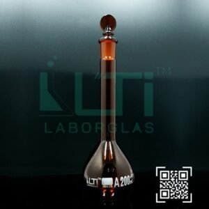 3125-AMBER GLASS, QR. CODED VOLUMETRIC FLASKS, CLASS A WITH SOLID GLASS STOPPER, DIN/ISO